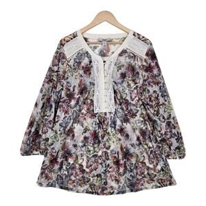 Vintage America Blues Top 2X Floral Lace Boho Romantic Sheer Blouse